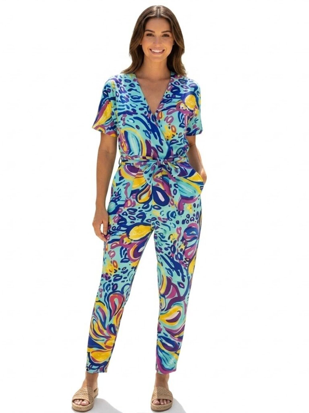 Aryeh Vibrant Colorful Abstract V-Neck Belted Snap Front Jumpsuit Pockets Size S